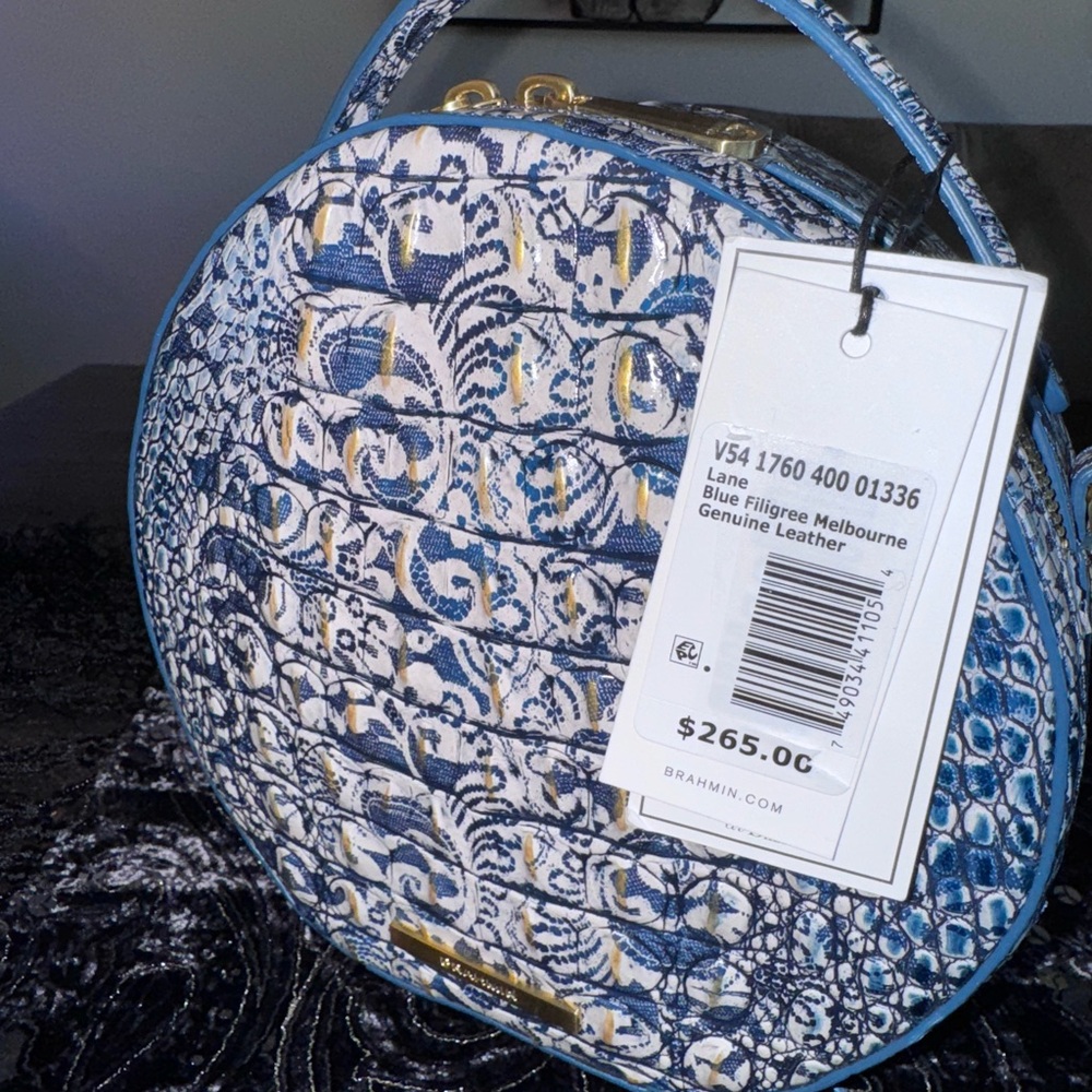 Brahmin Lane Blue and Cream Filigree Melbourne Patterned Round Handbag
